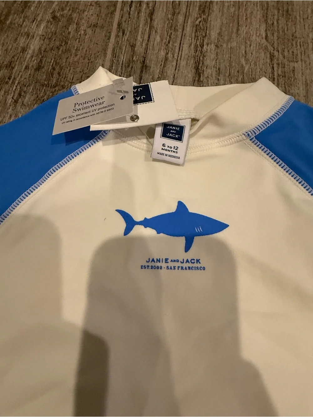 Janie and Jack Cream & Blue Shark Short-Sleeve Swim Top - 6-12 months